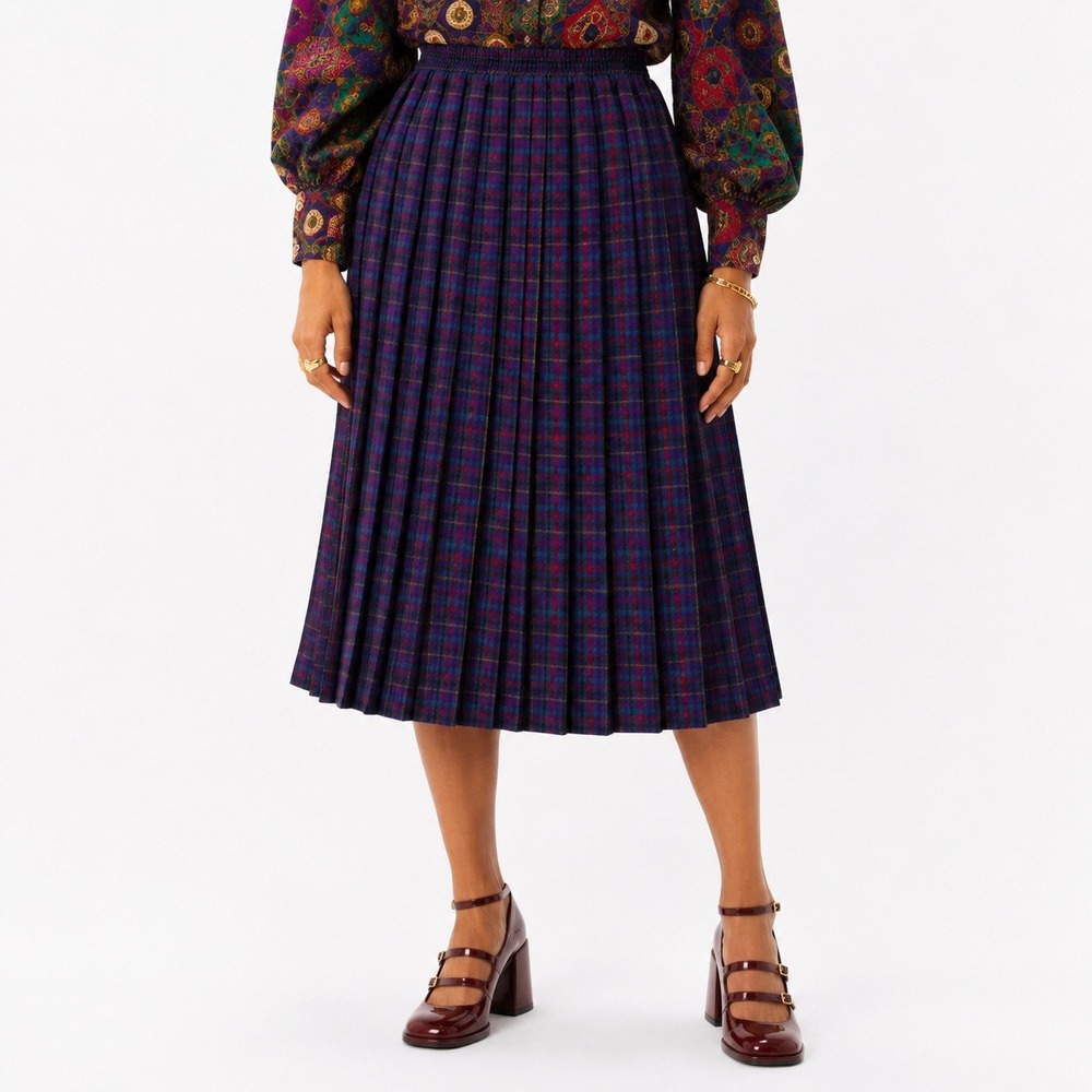 90s Vintage Jantzen Plaid Pleated Midi Skirt Womens 10 Purple Teal Dark Academia